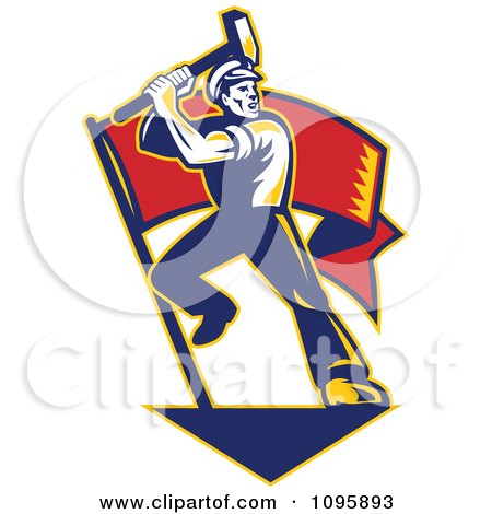 Clipart Retro Factory Worker Swinging A Sledge Hammer Over A Red Banner Flag - Royalty Free Vector Illustration by patrimonio