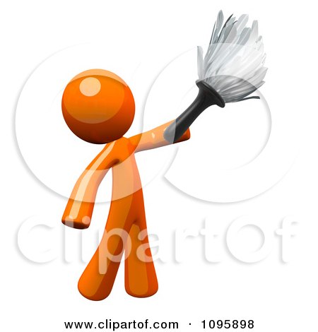 Clipart 3d Orange Man House Keeper Cleaning With A Feather Duster - Royalty Free Vector Illustration by Leo Blanchette