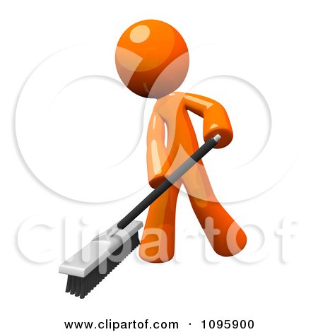 Clipart 3d Orange Man Janitor Cleaning With A Push Broom - Royalty Free Vector Illustration by Leo Blanchette