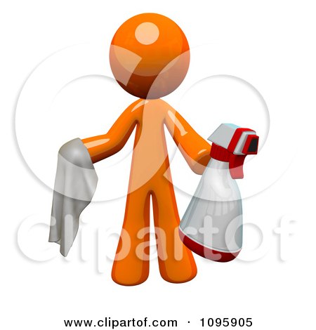 3d Orange Man Janitor Cleaning With A Spray Bottle And Cloth Posters, Art Prints