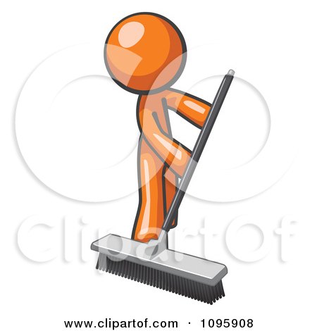 Clipart Orange Man Janitor Cleaning With A Push Broom - Royalty Free Vector Illustration by Leo Blanchette