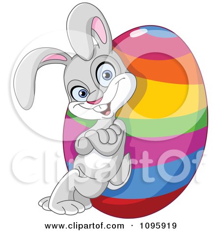 Clipart Happy Easter Bunny Leaning Against A Rainbow Egg - Royalty Free Vector Illustration by yayayoyo
