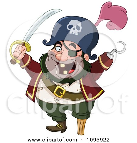 Clipart Happy Pirate With A Sword Peg Leg And Hook Hand - Royalty Free Vector Illustration by yayayoyo
