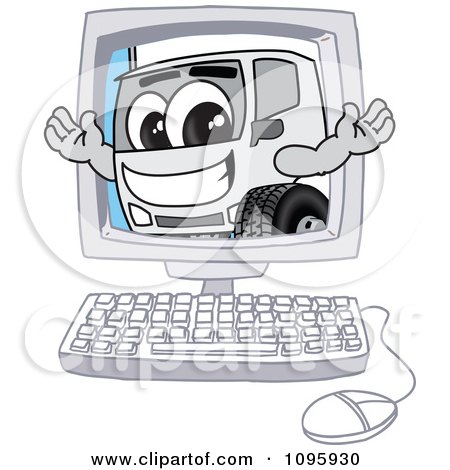 Clipart Delivery Big Rig Truck Mascot Character On A Computer Screen - Royalty Free Vector Illustration by Mascot Junction
