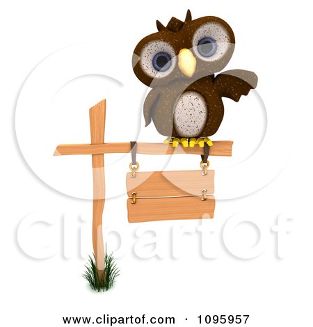 Clipart 3d Brown Owl Pointing And Perched On A Sign - Royalty Free CGI Illustration by KJ Pargeter
