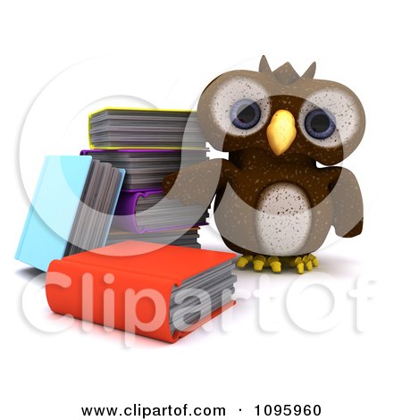 Clipart 3d Brown Owl By A Stack Of Books - Royalty Free CGI Illustration by KJ Pargeter
