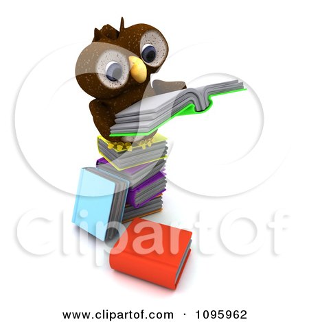 Clipart 3d Brown Owl Reading On A Stack Of Books - Royalty Free CGI Illustration by KJ Pargeter