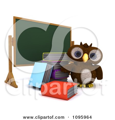 Clipart 3d Brown Owl With Books By A Chalk Board - Royalty Free CGI Illustration by KJ Pargeter