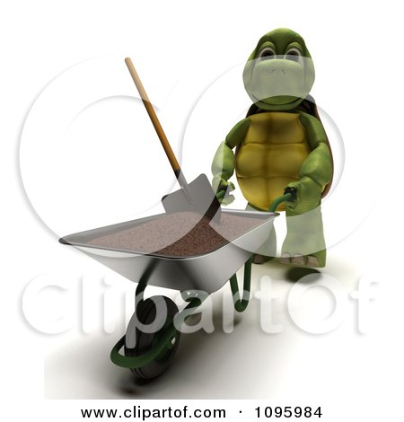 Clipart 3d Tortoise Gardener Pushing A Wheelbarrow Of Top Soil With A Shovel - Royalty Free CGI Illustration by KJ Pargeter