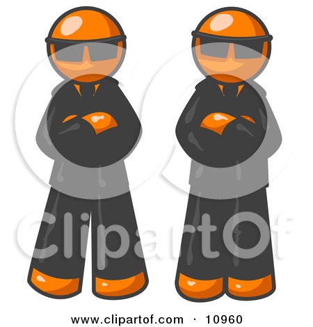 Two Orange Men Standing With Their Arms Crossed, Wearing Sunglasses and Black Suits Clipart Illustration by Leo Blanchette