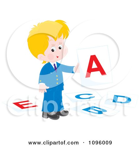 Clipart Blond School Boy Holding Up A Letter A Card - Royalty Free Vector Illustration by Alex Bannykh
