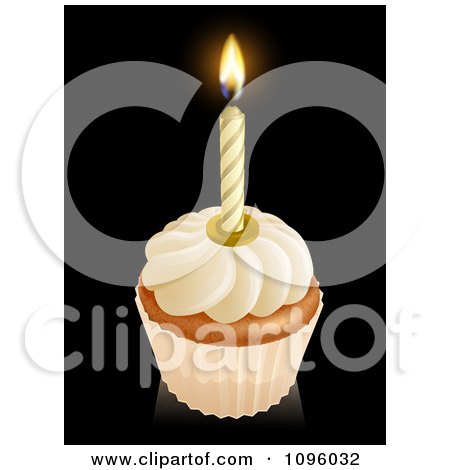 Clipart 3d Vanilla Frosted Birthday Cupcake With A Lit Candle - Royalty Free Vector Illustration by AtStockIllustration
