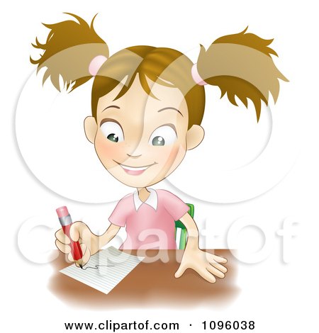 Clipart Happy School Girl Writing At Her Desk - Royalty Free Vector Illustration by AtStockIllustration