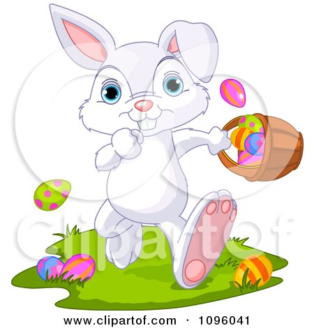 Clipart Cute Bunny Running With A Basket Of Easter Eggs - Royalty Free Vector Illustration by Pushkin