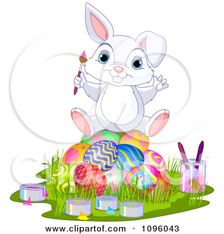 Clipart Cute Bunny Sitting On Top Of A Pile Of Painted Easter Eggs - Royalty Free Vector Illustration by Pushkin