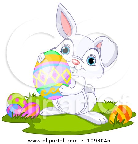 Clipart Cute Bunny Holding An Easter Egg - Royalty Free Vector Illustration by Pushkin