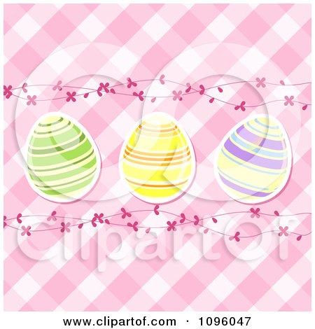 Clipart 3d Striped Easter Eggs And Floral Waves On Pink Gingham - Royalty Free Vector Illustration by elaineitalia