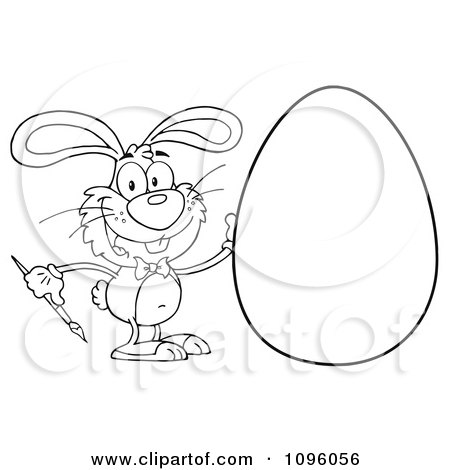 Clipart Outlined Happy Bunny Painting An Easter Egg - Royalty Free Vector Illustration by Hit Toon