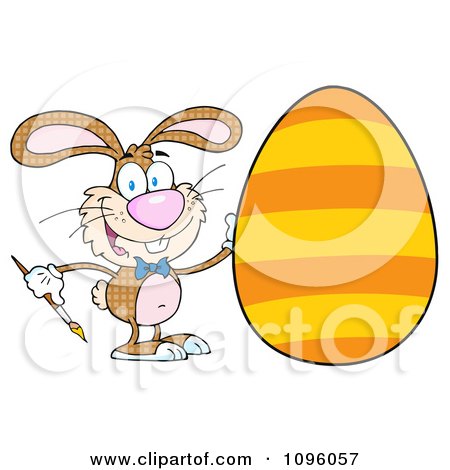 Clipart Happy Bunny Painting An Easter Egg With Orange Stripes - Royalty Free Vector Illustration by Hit Toon