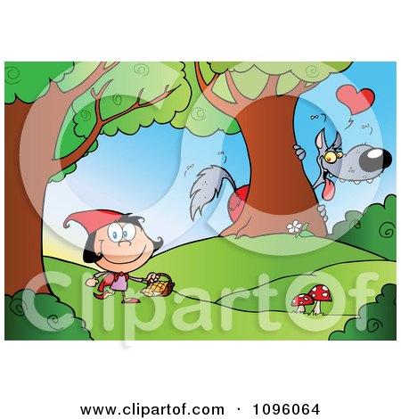 Clipart The Big Bad Wolf Spying On Red Riding Hood In The Woods - Royalty Free Vector Illustration by Hit Toon