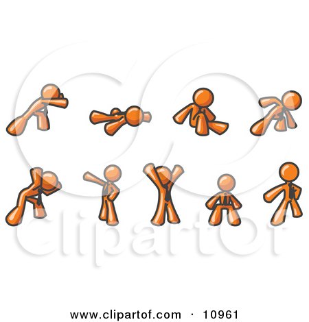 Orange Men Doing Different Exercises and Stretches in a Fitness Gym Clipart Illustration by Leo Blanchette