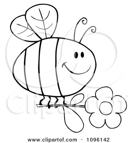 Clipart Outlined Happy Bee Flying With A Daisy Flower - Royalty Free Vector Illustration by Hit Toon
