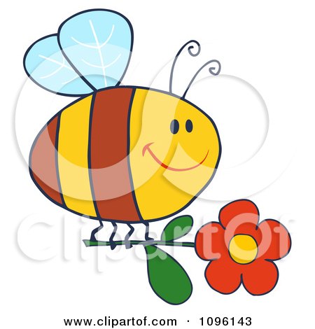 Clipart Happy Bee Flying With A Red Daisy Flower - Royalty Free Vector Illustration by Hit Toon