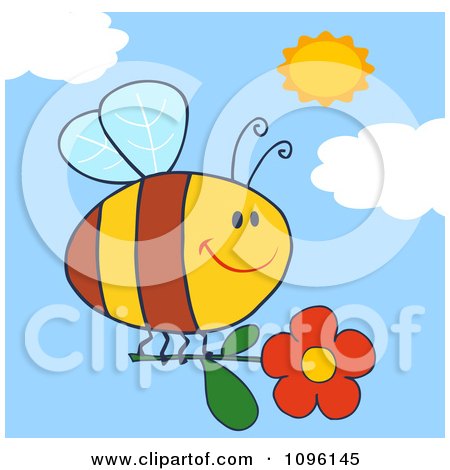 Clipart Happy Bee Flying With A Red Daisy Flower In A Sunny Sky - Royalty Free Vector Illustration by Hit Toon