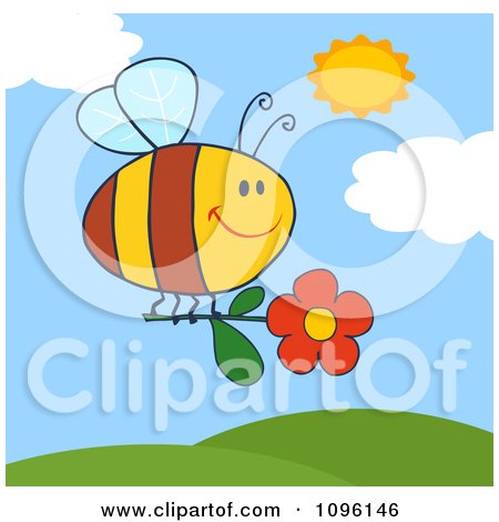 Clipart Happy Bee Flying With A Red Daisy Flower Over Hills - Royalty Free Vector Illustration by Hit Toon