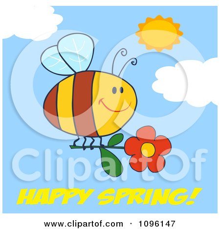 Clipart Happy Spring Greeting Under A Bee Flying With A Red Daisy Flower In A Sunny Sky - Royalty Free Vector Illustration by Hit Toon