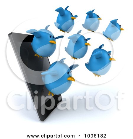 Clipart 3d Chubby Blue Birds Flying From A Cell Phone - Royalty Free CGI Illustration by Julos
