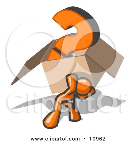 Orange Man Carrying a Heavy Question Mark in a Box Clipart Illustration by Leo Blanchette