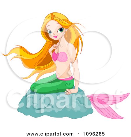 Clipart Beautiful Red Haired Mermaid Sitting On A Rock - Royalty Free Vector Illustration by Pushkin