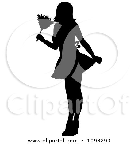 Clipart Sexy Black Silhouetted Fench Maid House Keeper Or Housewife Cleaning With A Duster 3 - Royalty Free Vector Illustration by Pams Clipart