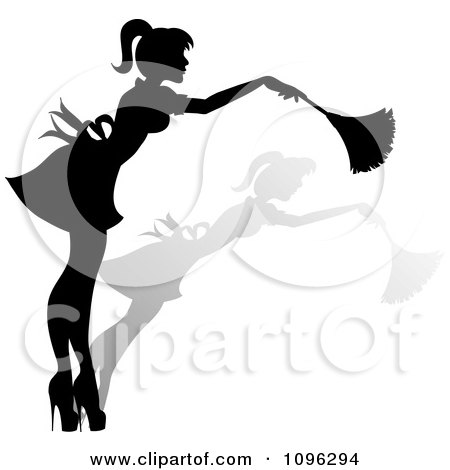Clipart Sexy Black Silhouetted Fench Maid House Keeper Or Housewife Cleaning With A Duster 6 - Royalty Free Vector Illustration by Pams Clipart