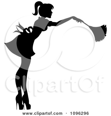 Clipart Sexy Black Silhouetted Fench Maid House Keeper Or Housewife Cleaning With A Duster 2 - Royalty Free Vector Illustration by Pams Clipart