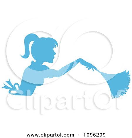 Clipart Sexy Blue Silhouetted Fench Maid House Keeper Or Housewife Cleaning With A Duster 3 - Royalty Free Vector Illustration by Pams Clipart