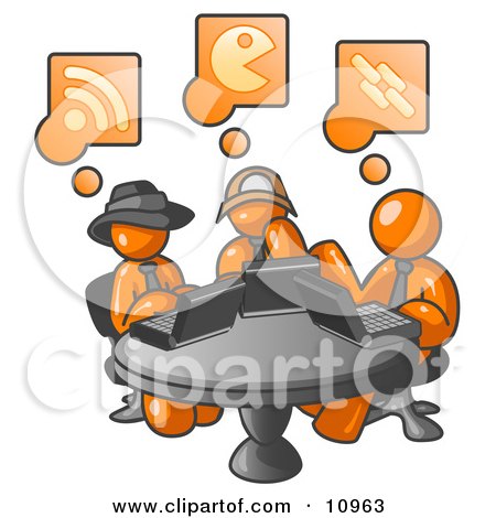 Three Orange Men Using Laptops in an Internet Cafe Clipart Illustration by Leo Blanchette