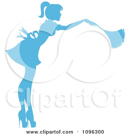 Clipart Sexy Blue Silhouetted Fench Maid House Keeper Or Housewife Cleaning With A Duster 4 - Royalty Free Vector Illustration by Pams Clipart