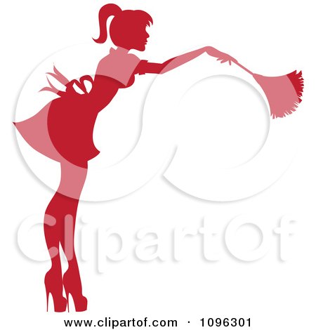 Clipart Sexy Red Silhouetted Fench Maid House Keeper Or Housewife Cleaning With A Duster 3 - Royalty Free Vector Illustration by Pams Clipart