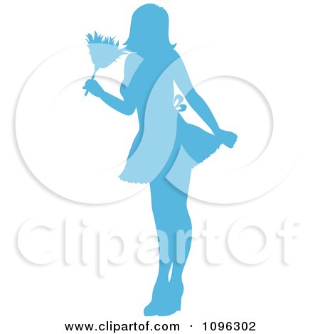 Clipart Sexy Blue Silhouetted Fench Maid House Keeper Or Housewife Cleaning With A Duster 2 - Royalty Free Vector Illustration by Pams Clipart