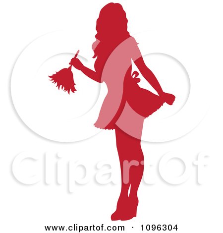 Clipart Sexy Red Silhouetted Fench Maid House Keeper Or Housewife Cleaning With A Duster 1 - Royalty Free Vector Illustration by Pams Clipart