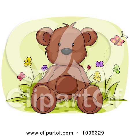 Clipart Cute Brown Teddy Bear Sitting In A Flower Bed - Royalty Free Vector Illustration by BNP Design Studio