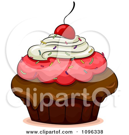 Clipart Triple Frosted Cherry Topped Cupcake - Royalty Free Vector Illustration by BNP Design Studio