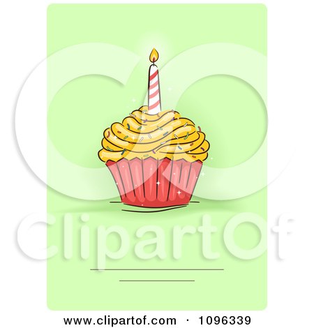 Clipart Birthday Party Invite With A Candle And Cupcake On Green - Royalty Free Vector Illustration by BNP Design Studio