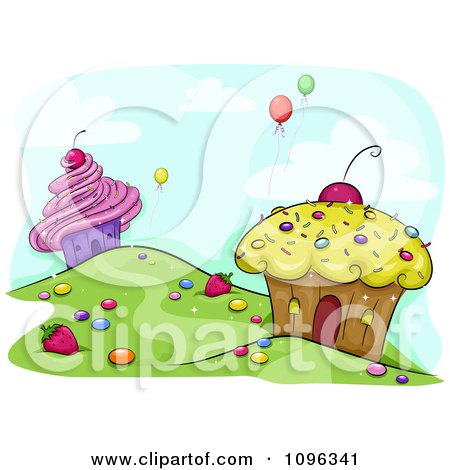Clipart Cupcake Houses On A Hill Side With Balloons Floating Away - Royalty Free Vector Illustration by BNP Design Studio