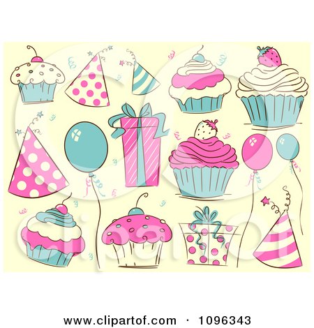 Clipart Beige Pink And Turquoise Party Hats Cupcakes Balloons And Gifts - Royalty Free Vector Illustration by BNP Design Studio