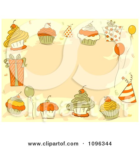 Clipart Party Border Of Balloons Gifts Hats And Cupcakes Over Tan - Royalty Free Vector Illustration by BNP Design Studio