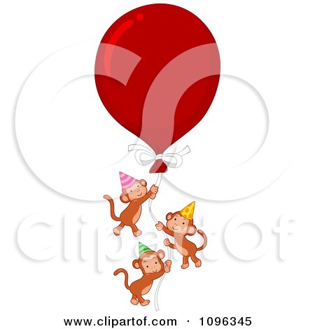Clipart Three Party Monkeys Floating With A Large Red Balloon - Royalty Free Vector Illustration by BNP Design Studio
