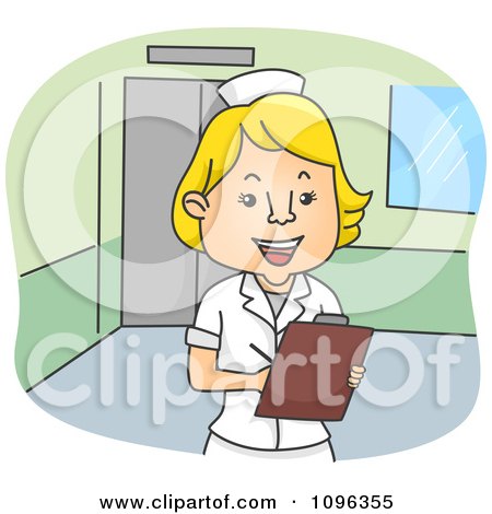 Clipart Happy Female Nurse Smiling And Writing Notes On A Medical Chart - Royalty Free Vector Illustration by BNP Design Studio